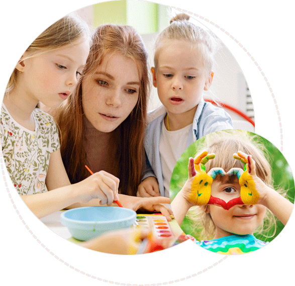 Children painting and playing with colorful hand puppets